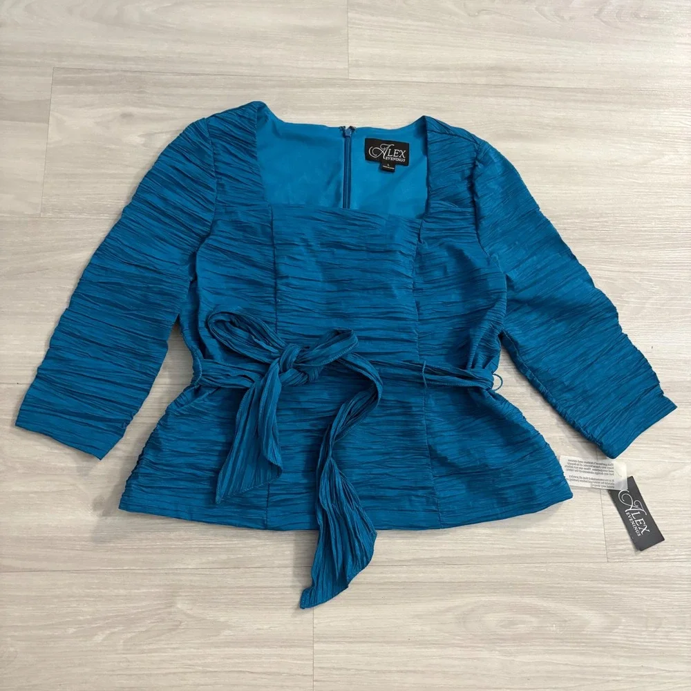 Alex Evenings Top Womens Teal Blue Textured Tie Waist Square Neck Blouse Top L - Picture 2 of 14